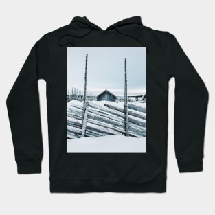 Wooden Fence and Cabin in Beautiful White Norwegian Winter Landscape Hoodie